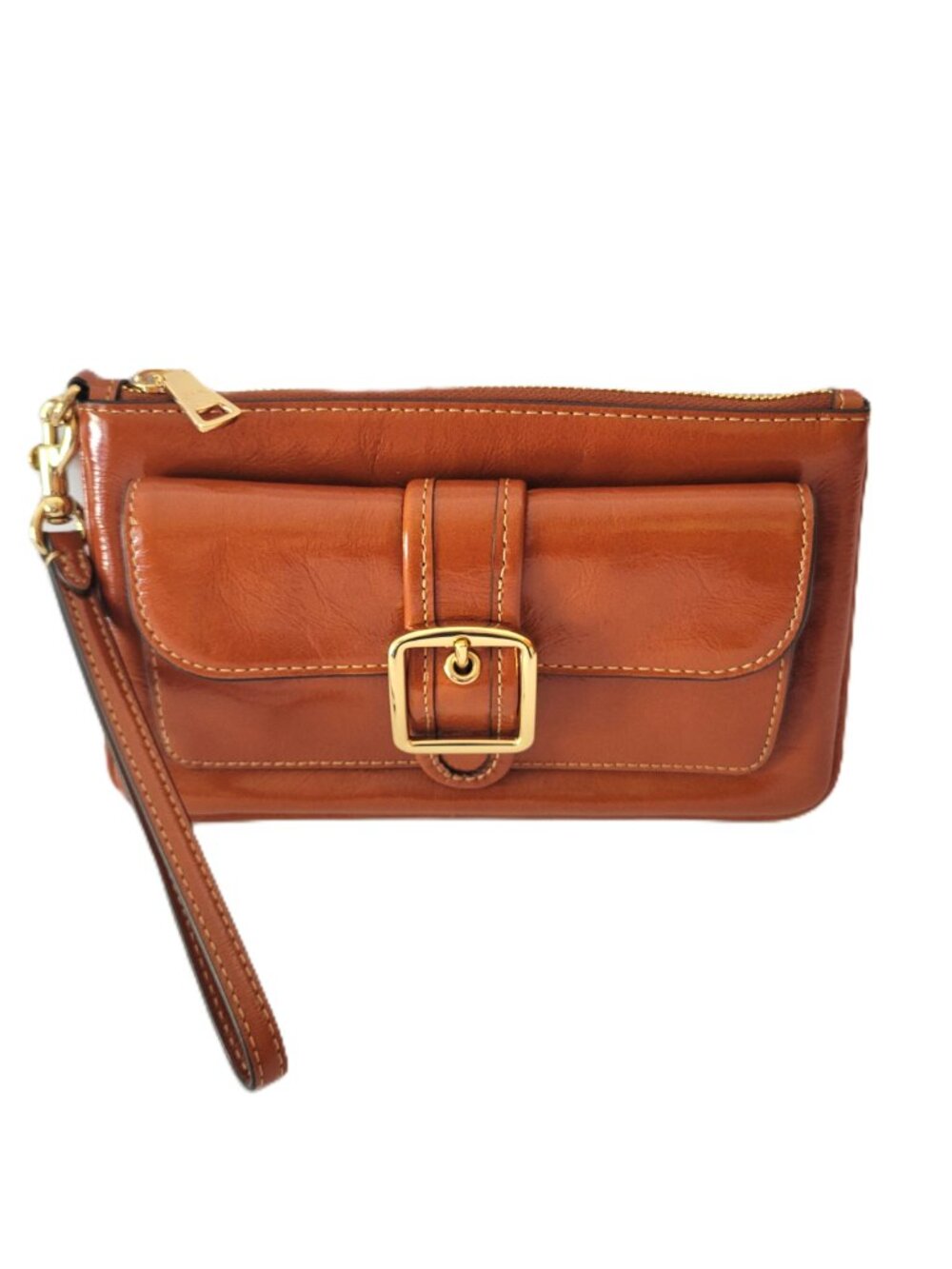 Coach CDY04 Ashton Wristlet Shiny Glazed Patent Leather Clutch Wallet Cinnamon